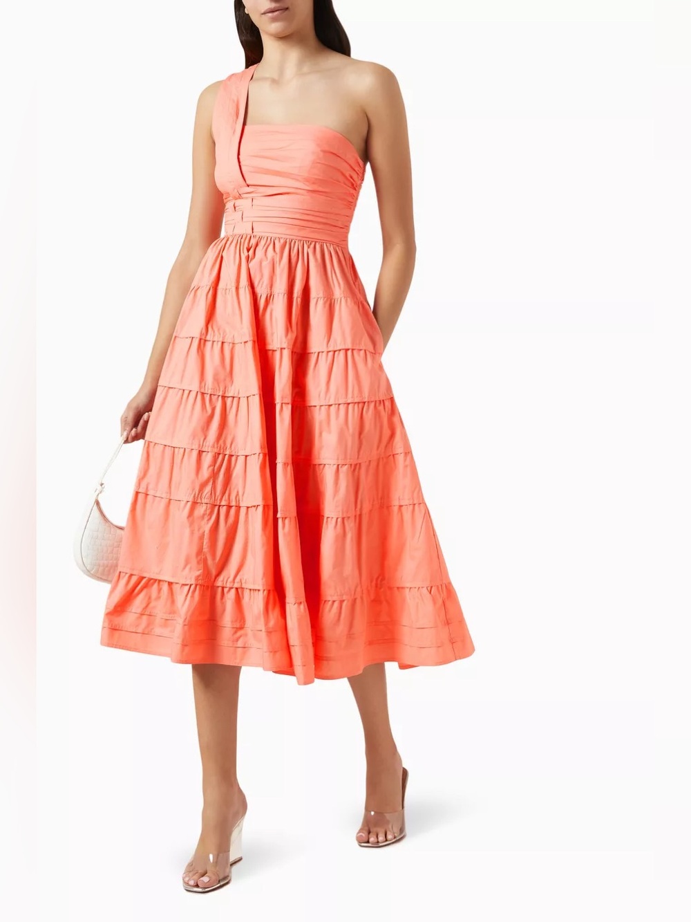 New! ULLA JOHNSON Ellie One-Shoulder Tiered Skirt Cotton Poplin Midi Dress